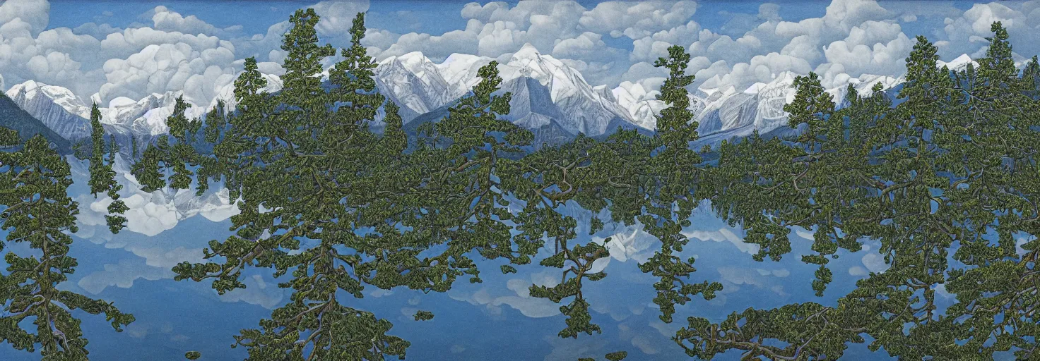 Image similar to escher painting of a lake, big trees reflecting on lake surface, mountains at background, snowy, ultra sharp, ultra detailed, colorized by salvador