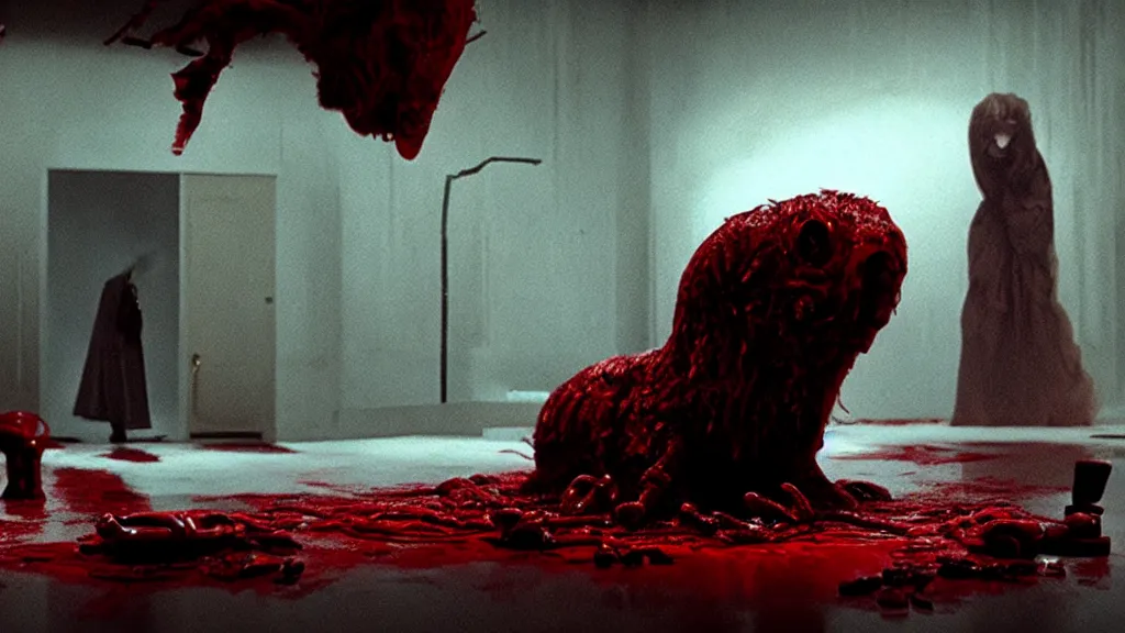 Prompt: the strange creature is busy working, made of blood, film still from the movie directed by Denis Villeneuve with art direction by Salvador Dalí, wide lens