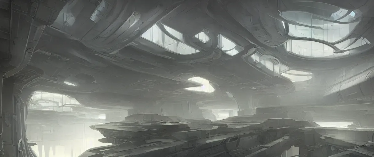 Image similar to abandoned high tech laboratory, matte painting, futuristic, sci fi, style of ralph mcquarrie, digital painting, trending on artstation, high detail, volumetric lighting, godrays