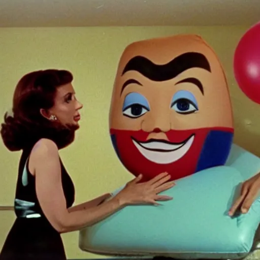 Image similar to bored housewife meets a man with an inflatable cartoon face in a seedy motel room, 1982 color Fellini film, archival footage, technicolor film, 16mm, live action, John Waters, wacky children's tv comedy