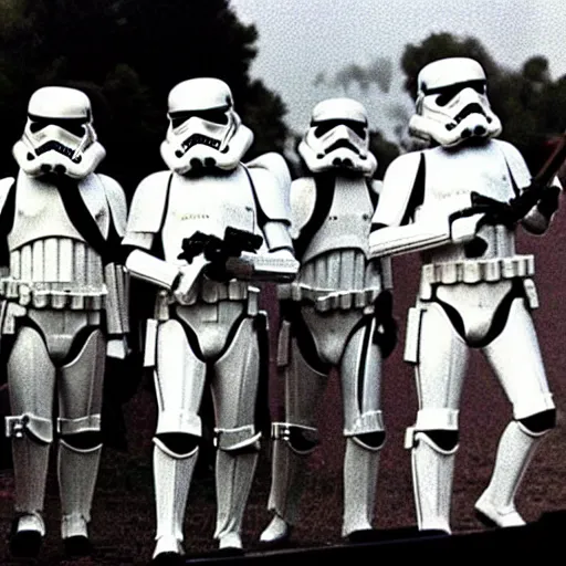 Prompt: A rock band made up of Imperial Stormtroopers playing music on stage at Woodstock (1969)