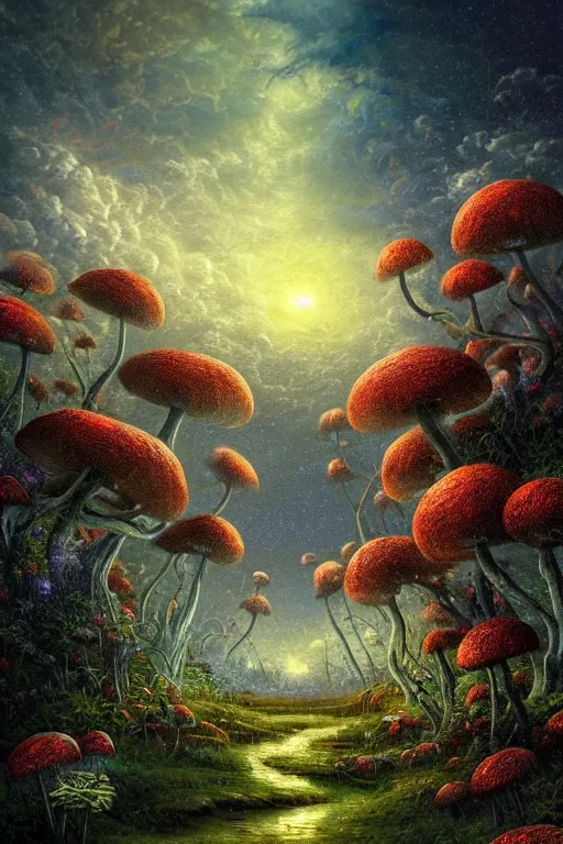 Prompt: a beautiful digital illustration painting of a detailed foreboding skies fantasy fireflies and roots, dark mushroom, flowers by benoit b. mandelbrot, steven belledin, martin johnson heade, lee madgwick, caspar david friedrich, and david rios ferreira, thomas kinkade. 8 k resolution trending on artstation concept art digital illustration