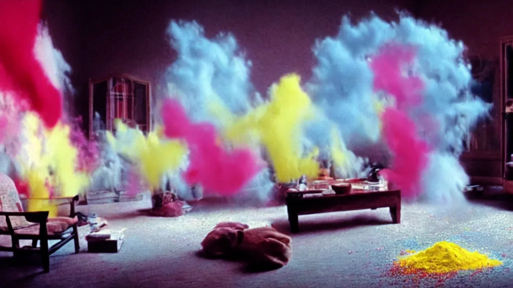 Image similar to colored powder explosion in the living room, film still from the movie directed by Denis Villeneuve with art direction by Salvador Dalí, wide lens