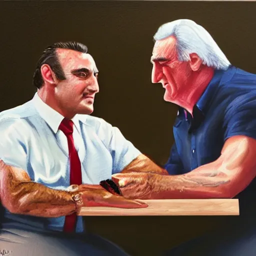 Prompt: Bertie Ahern arm wrestling Steven segal photorealistic in the style of a ansel adams