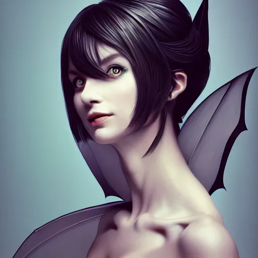 Prompt: 3 / 4 view of a portrait of pixie woman with bat wings, confident pose, pixie, genshin impact,, intricate, elegant, sharp focus, illustration, highly detailed, concept art, matte, trending on artstation, anime, strong brush stroke, sharp focus, illustration, morandi color scheme, art station, by ilya kuvshinov h 6 4 0