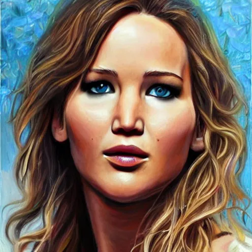 Prompt: beautiful oil in canvas of jennifer lawrence, very detailed face, symetry!!