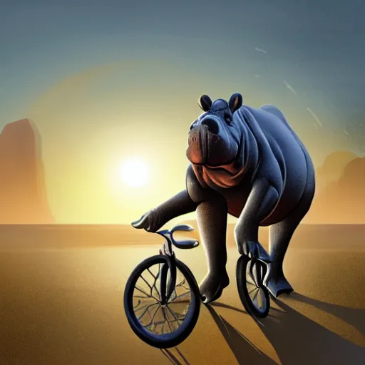 Image similar to a concept art of a hippopotamus riding a bike in the sunset