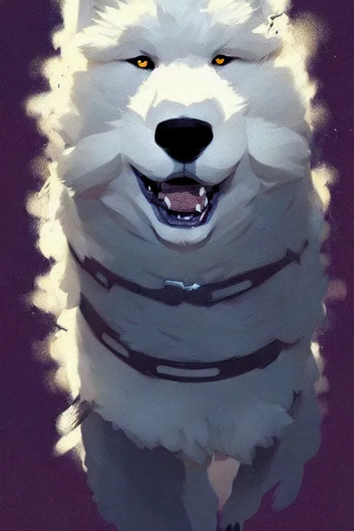 Prompt: comic book cover. fluffy samoyed by greg rutkowski, trending on artstation