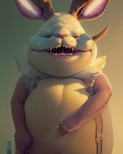 Image similar to highly detailed surreal vfx portrait of a cute, happy big chungus, stephen bliss, unreal engine, greg rutkowski, loish, rhads, beeple, makoto shinkai and lois van baarle, ilya kuvshinov, rossdraws, tom bagshaw, alphonse mucha, global illumination, detailed and intricate environment