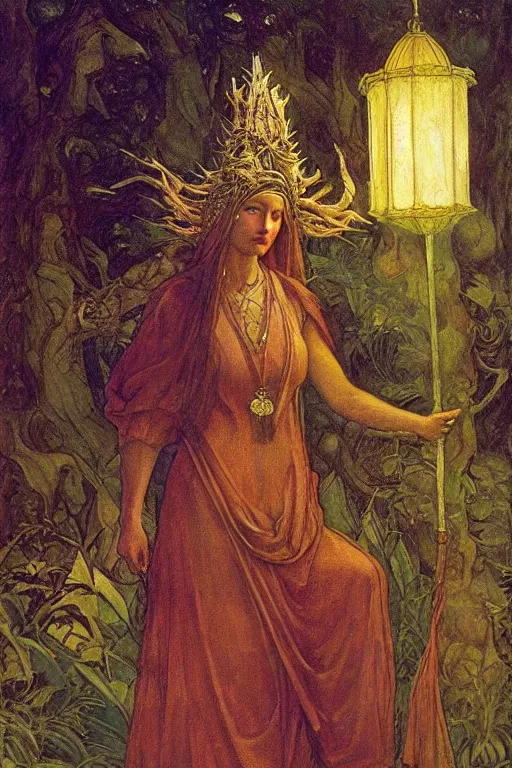 Image similar to queen of the forest with her lantern, by Annie Swynnerton and Nicholas Roerich and jean delville, dramatic cinematic lighting , ornate headdress , flowing robes, lost civilizations, extremely detailed