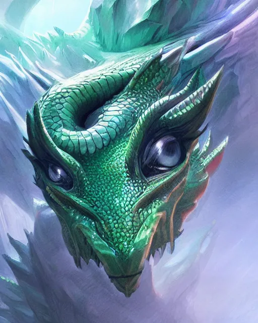 Image similar to curious dragon head with dreamy big eyes, scales, green and blue, highly detailed, digital painting, artstation, concept art, sharp focus, cinematic lighting, illustration, art by artgerm and greg rutkowski