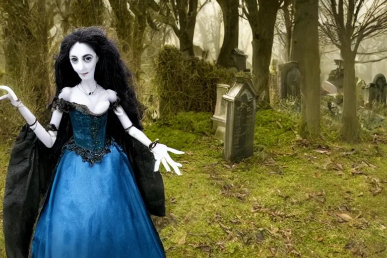 Image similar to photo taken of an epic intricate, ultra detailed, super realistic stop motion puppet of a majestic gracious regal aristocratic brunette female vampire in a graveyard filmset created by weta workshop directed by tim burton, menacing, close up shots, moody night time scene, photorealistic, sharp focus, gloomy, extremely cold blueish colour temperature, 3 5 mm, f 1. 4