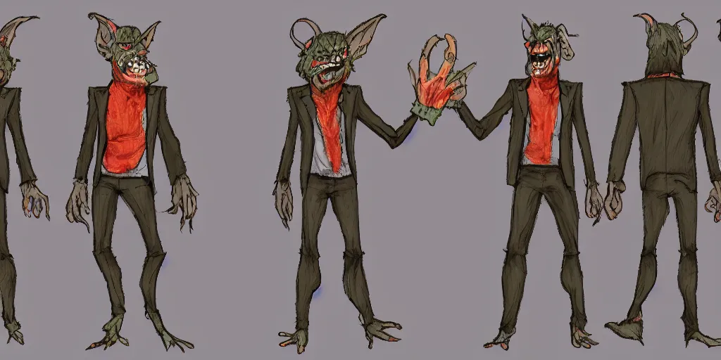 Image similar to Full body goblin, ripped suit, grinning, smile, concept sheet