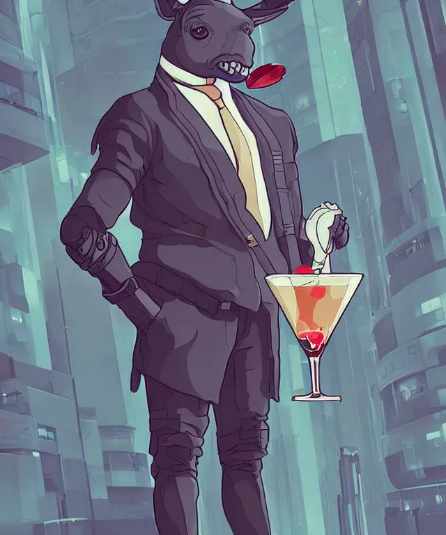 Image similar to a portrait of an anthropomorphic donkey holding a martini, cyberpunk!, fantasy, elegant, digital painting, artstation, concept art, matte, sharp focus, illustration, art by josan gonzalez