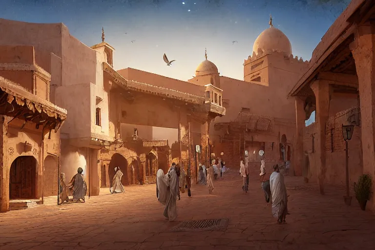 Prompt: at night low angle in the middle of a adobe house kasbah town, mud and brick houses, merchant street, pueblo dense architecture, colorful crowd. Huge Persian white temple in a plaza, round roof. Kite in the sky. Scenic view at night, underexposed, clean horizon, matte painting by craig mullins and dan mumford, dark fantasy, style of game of thrones, concept art trending on artstation, 4k, insane details