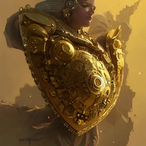 Image similar to mechanical gold shield, intricate, elegant, highly detailed, lifelike, digital painting, artstation, illustration, smooth, sharp focus, art by scott davidson, albert aublet, krenz cushart, artem demura, mucha