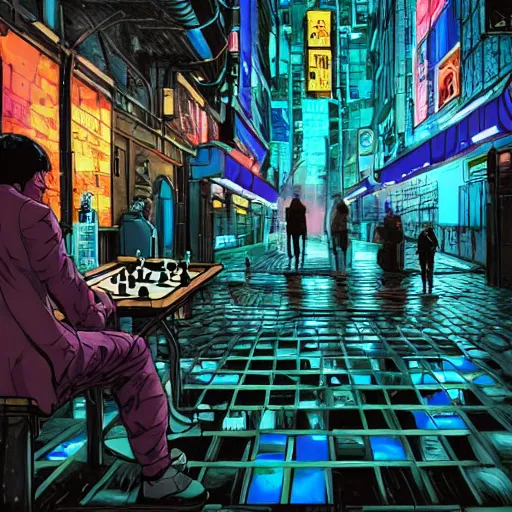 Image similar to high detailed person playing chess in a cyberpunk rainy city at night by josan gonzalez, purple and blue neons, unreal engine, high quality, 4 k, uhd, trending on artstation, wires, blade runner vibes, ghost in the shell, akira, dorohedoro