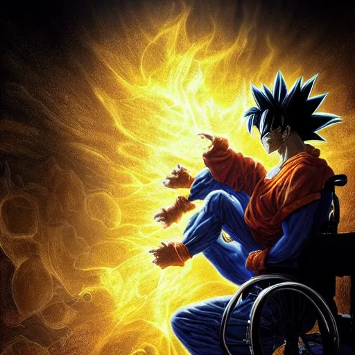 Prompt: Photorealistic goku sitting in a wheelchair in the style of Michael Whelan and Gustave Dore. Hyperdetailed photorealism, 108 megapixels, amazing depth, glowing rich colors, powerful imagery, psychedelic Overtones, 3D finalrender, 3d shading, cinematic lighting, artstation concept art