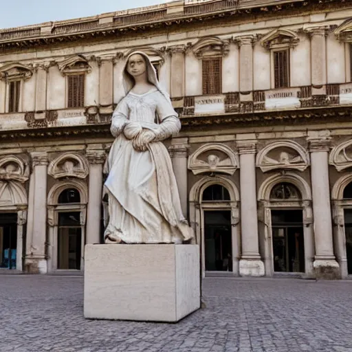 Image similar to A marble sculpture of The Mona Lisa in the middle of an empty Italian piazza, golden hour, 8k photograph, sunny day, low angle