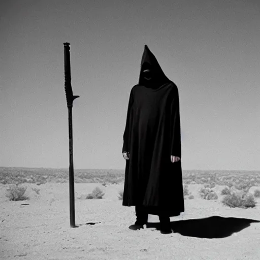 Prompt: a man wearing a long cloak and hood and gasmask, in the desert, film still, arriflex