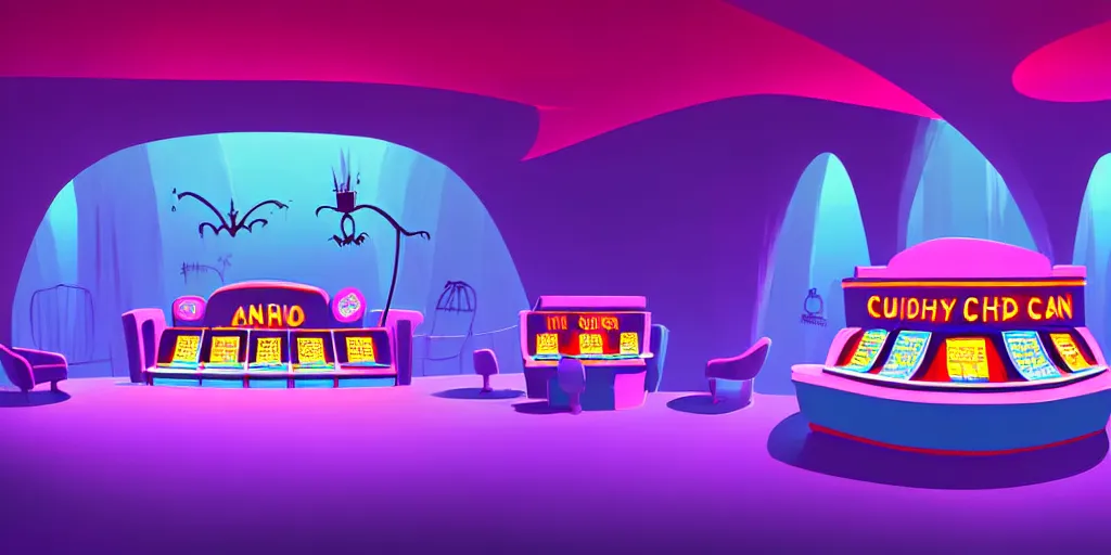 Prompt: minimalistic angle curved perspective digital art of sss chubby cotton candy indoor casino with a stage by anton fadeev from nightmare before christmas