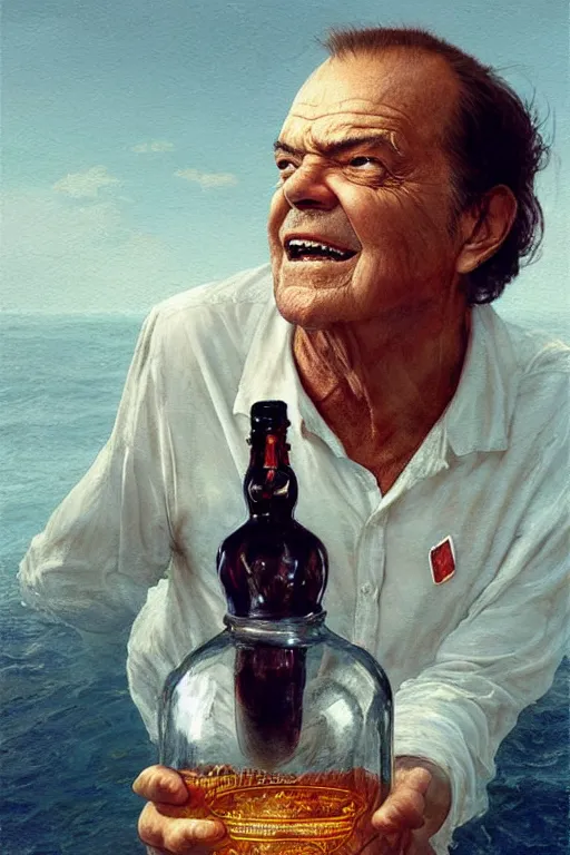 Image similar to a ship in a bottle but instead of a ship it is jack nicholson in the bottle, painting by artgerm, greg rutkowski, edgar maxence, norman rockwell, tom bagshaw