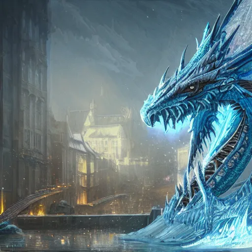 Prompt: An epic scene of a beautiful blue dragon on the snowy streets of the mythical city made of water and ice, reflections, sparkle, a fantasy digital painting, artstation, concept art, sharp focus, illustration, art by greg rutkowski and alphonse mucha, hyperdetailed, 8k