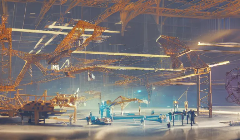 Image similar to group of people in simple warehouse, looking at hologram of futuristic city on a table, cinematic concept art, godrays, golden hour, natural sunlight, 4 k, clear details, tabletop model buildings, center model buildings, hologram center, crane shot, crane shot, crane shot