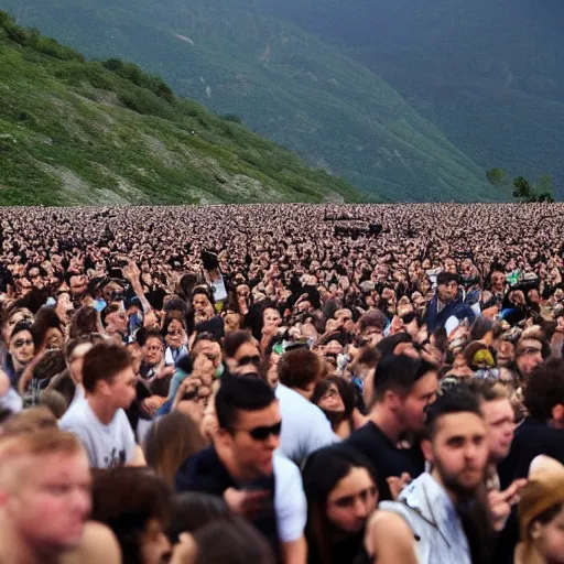 Prompt: the Ryan Gosling army filled the field, against the backdrop of a mountainous area