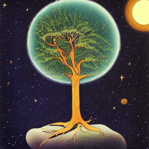 Image similar to a large tree rooted in a crystal planet floating in space, by exupery, the little prince