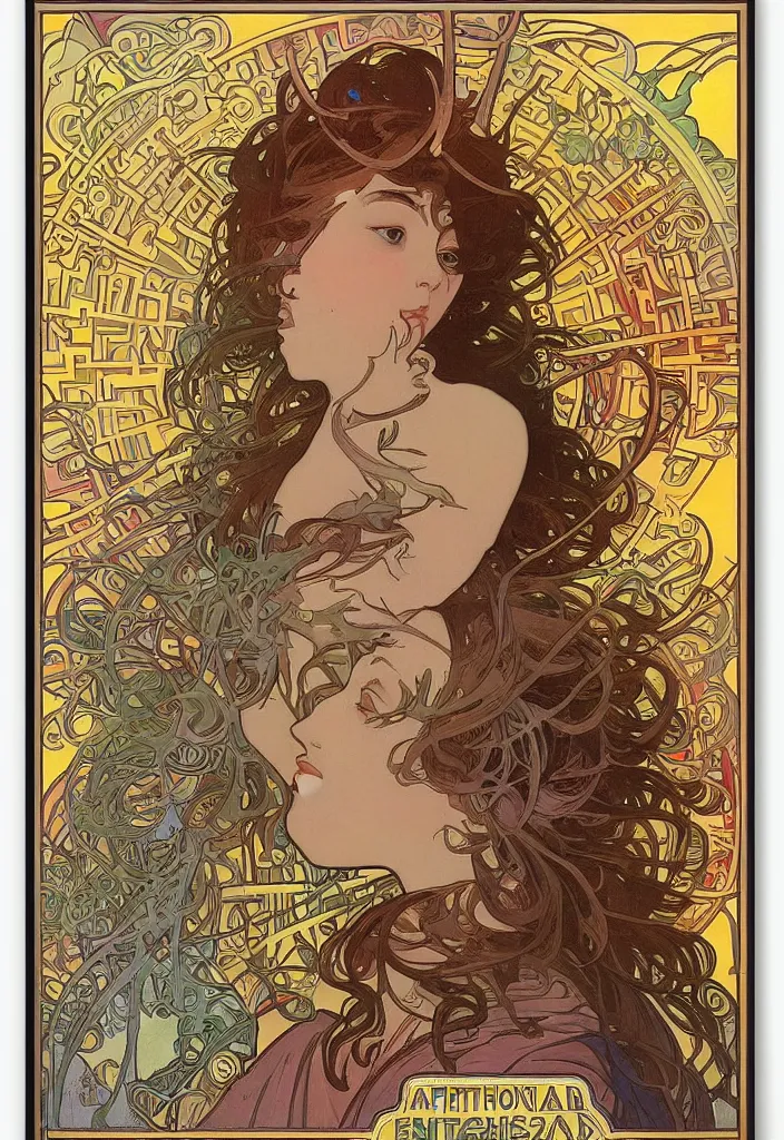 Prompt: colorful poster art by alphonse mucha and emek, a large robot head the size of a city, eyes glowing, smaller cities in the distance, all connected by twisting roads, digital art, poster frame, concert poster