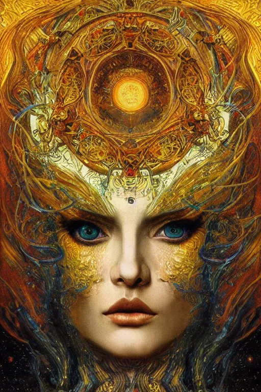 Image similar to Divine Chaos Engine by Karol Bak, Jean Deville, Gustav Klimt, and Vincent Van Gogh, beautiful visionary mystical portrait, sacred, otherworldly, fractal structures, ornate gilded medieval icon, third eye, spirals