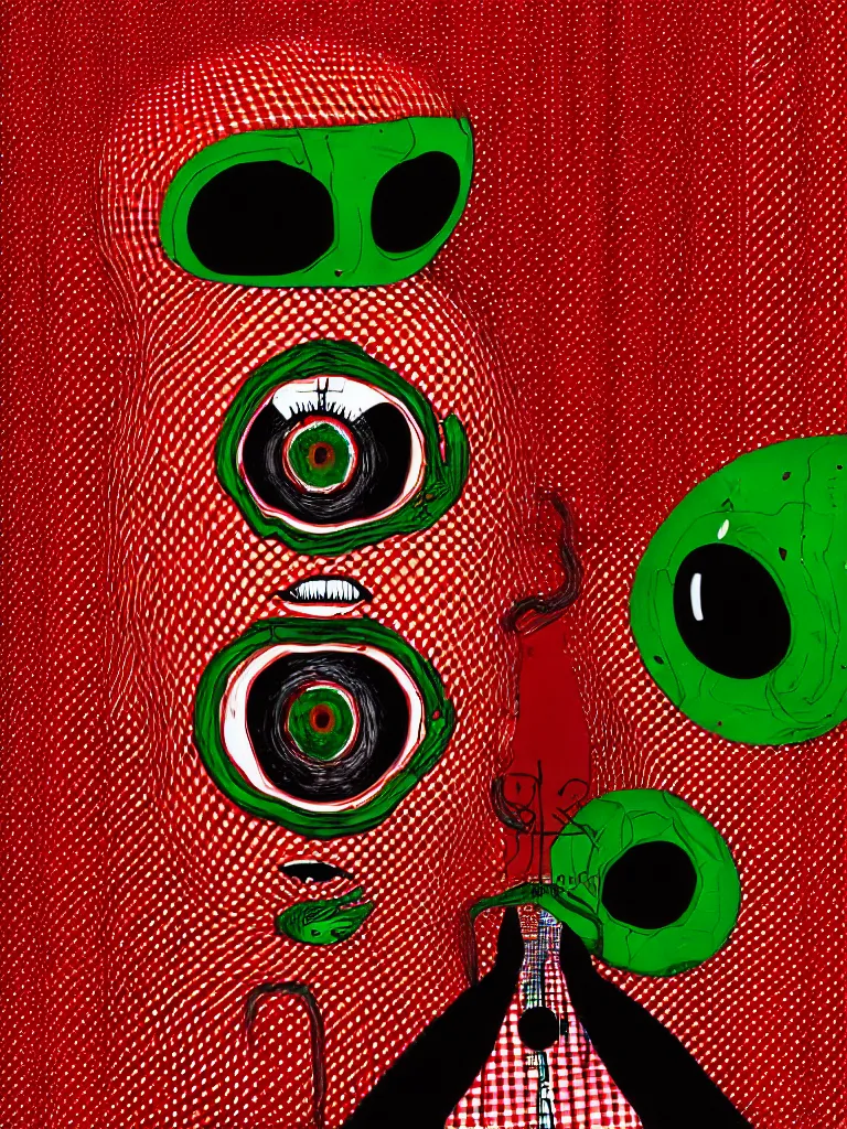 Prompt: a self portrait photograph by the artist kelbv, in distinct hyper detailed style with tubes coming from eyes, and hollowed out head filled with red and green gingham ellipsoids, perfect studio lighting against a backdrop of a still from the movie squid asthma.