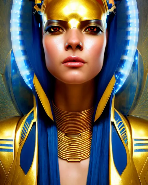 Prompt: portrait of a beautiful cyberpunk egyptian woman wearing a golden blue armor, beautiful symmetrical face, golden, fantasy, regal, by stanley artgerm lau, greg rutkowski, thomas kindkade, alphonse mucha, loish, norman rockwell.