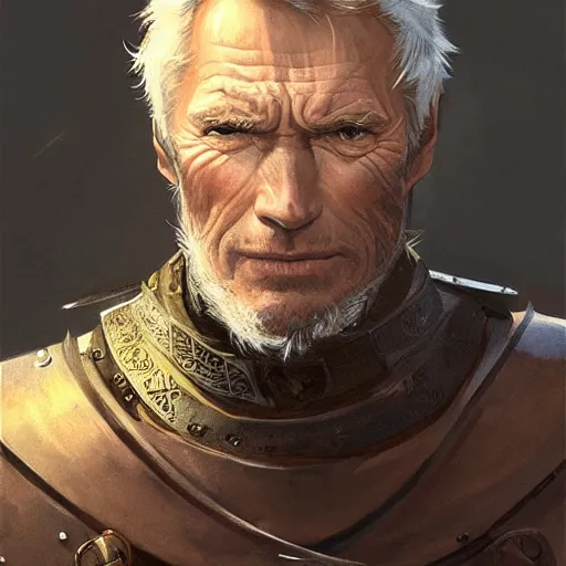 Image similar to rugged male medieval knight, clint eastwood, D&D, painted fantasy character portrait, highly detailed, digital painting, artstation, concept art, sharp focus, illustration, art by artgerm and greg rutkowski and alphonse mucha