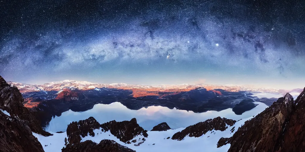 Prompt: Galaxy arch, the foreground is snowy mountains and lakes, in the style of National Geographic magazine