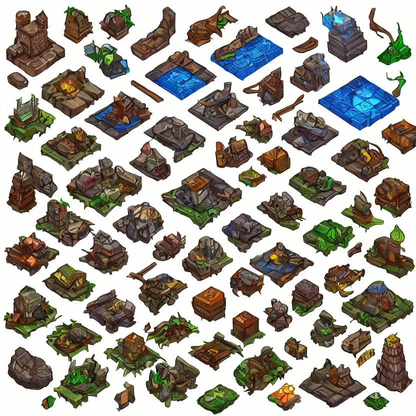 Prompt: set of isometric game tiles, containing a wizard's tower and several resourcers, colored lineart