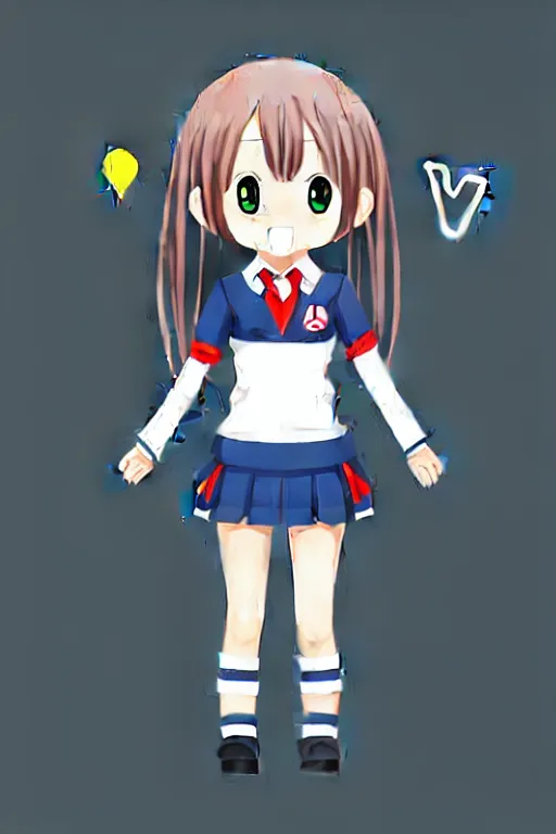 Image similar to full body anime portrait of a cute android girl round eyes long hair dressed in a school uniform inside the school, peace sign, stunning, highly detailed, anatomically correct, vector art, hyper realistic