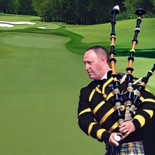 Image similar to a yellowjacket hornet playing bagpipes on a golf course, realistic, hyper realistic, intricate