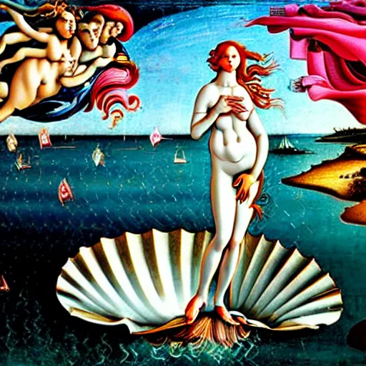 Image similar to birth of venus steam punk, in the style botticelli, 8 k, oil painting,