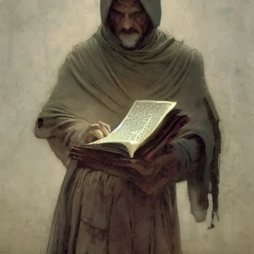 Image similar to half portait of monk wearing a closed cowl and big old book! chained to the wrist, jeremy mann, jean - leon gerome, tiepolo, alphonse mucha, greg rutkowski, face in the shadows, ( ( ruins of ancient rome ) ), at dusk, mysterious atmosphere, sunrays, dof, high detailed, 8 k