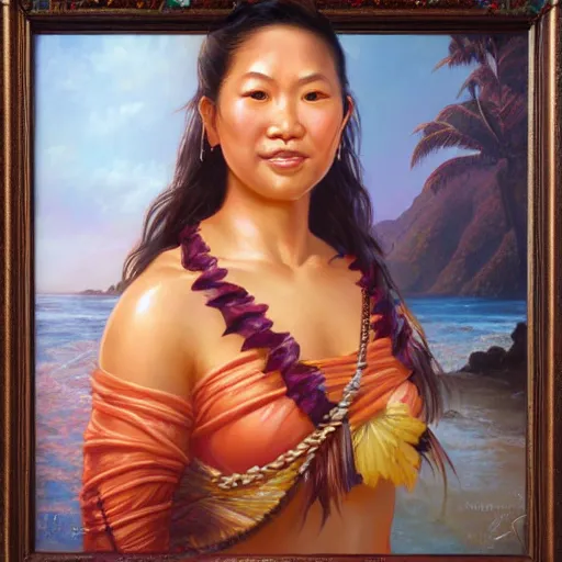 Prompt: portrait of a hawaiian woman ( 3 5 ) from hawaii in 2 0 2 1, an oil painting by ross tran and thomas kincade