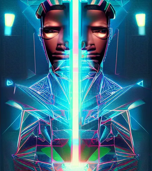 Image similar to symmetry!! egyptian prince of technology, solid cube of light, hard edges, product render retro - futuristic poster scifi, lasers and neon circuits, brown skin man egyptian prince, intricate, elegant, highly detailed, digital painting, artstation, concept art, smooth, sharp focus, illustration, dreamlike, art by artgerm