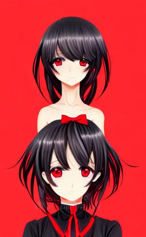 Image similar to anime girl with a detailed face and black hair in a red outfit, full body, trending, low angle, worms eye view, illustration,