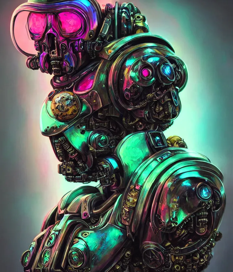 Prompt: fully symmetrical centered iridescent portrait of a corrupted space marine in full armour, skulls artificial muscles, ribcage, bones, hard surface modelling. cyberpunk look. biomechanical mask. bio luminescent biomechanical halo around head. neon jellyfish. artwork by jarold Sng by artgerm, by Eddie Mendoza, by Peter mohrbacher by tooth wu, unreal engine, octane render, cinematic light, high details, iridescent colors, dichroic, macro, depth of field, blur