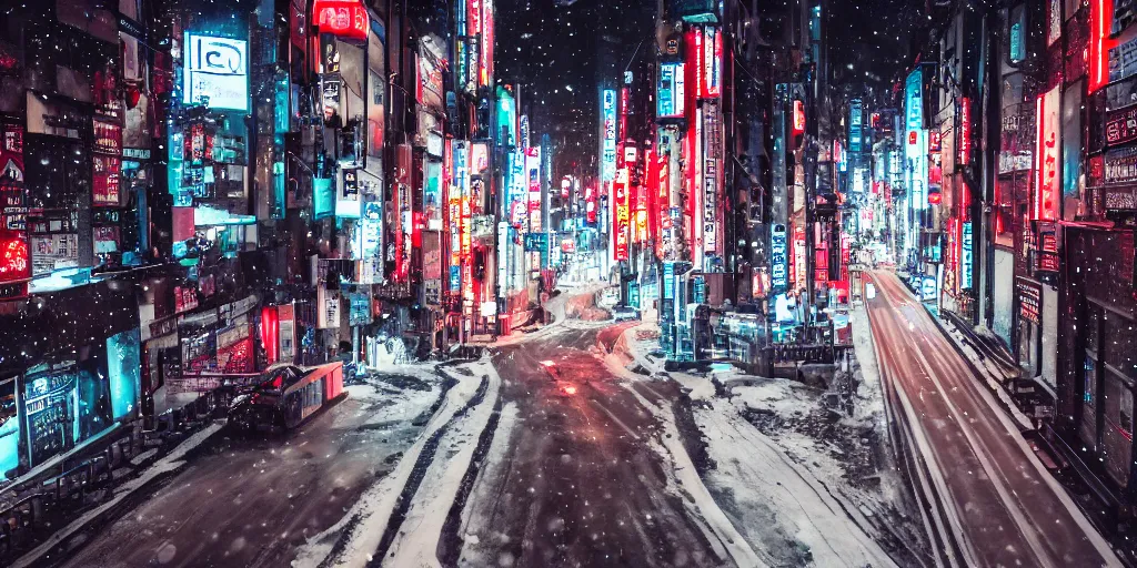 Image similar to a city street at night, snowing, photograph, cyberpunk, sharp focus, intricate detail, drone shot, high resolution, 8k, neon streetlights, wires hanging down everywhere, Japan, colourful