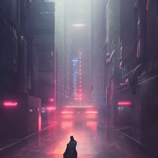 Image similar to A broad shouldered, large man in a techwear outfit, high quality, digital art, dire cyberpunk city, gray sky, neon signs in background, greg rutkowski