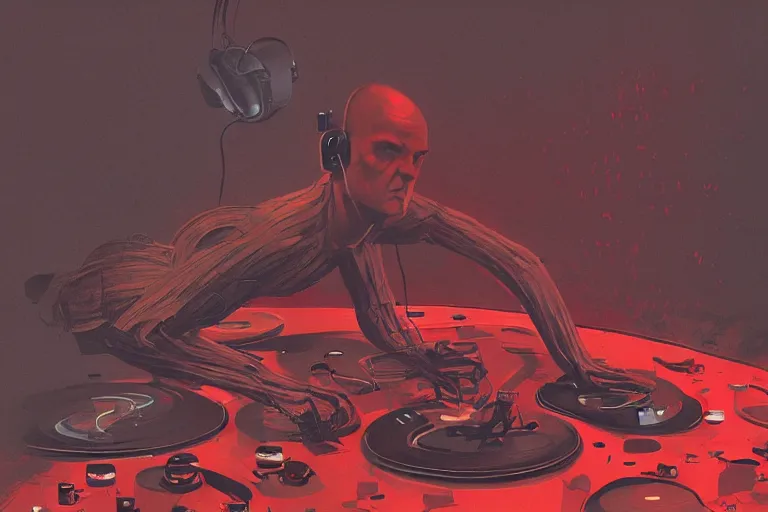 Image similar to an expressive portrait of agent 4 7 wearing headphones and laying on a floor of vinyl records, dark background, red rim light, digital art, artstation, concept art by giger stalenhag