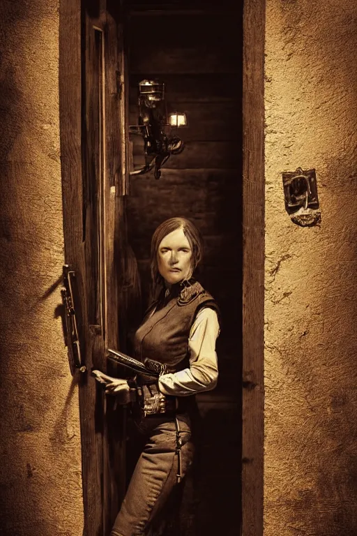 Image similar to an environmental concept art of a female gunslinger, back to camera, standing in the doorway of an open saloon door, old west town, highly detailed, cinematic, dramatic lighting, close shot by francis tneh