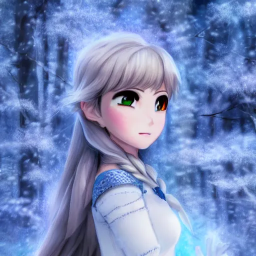 Prompt: portrait focus of knight beautiful 3D anime girl, Frozen ice crystal armor wearing, dark forest background, snowing, bokeh, inspired by Masami Kurumada, digital painting, high contrast, unreal engine render, volumetric lighting, high détail